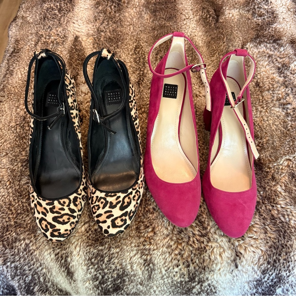 Two pairs of White House Black Market Pink and Brown Heels with Ankle Strap